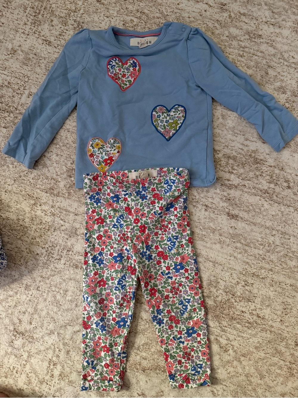 Mini Boden Blue Heart Patch Top & Floral Leggings Kids Set